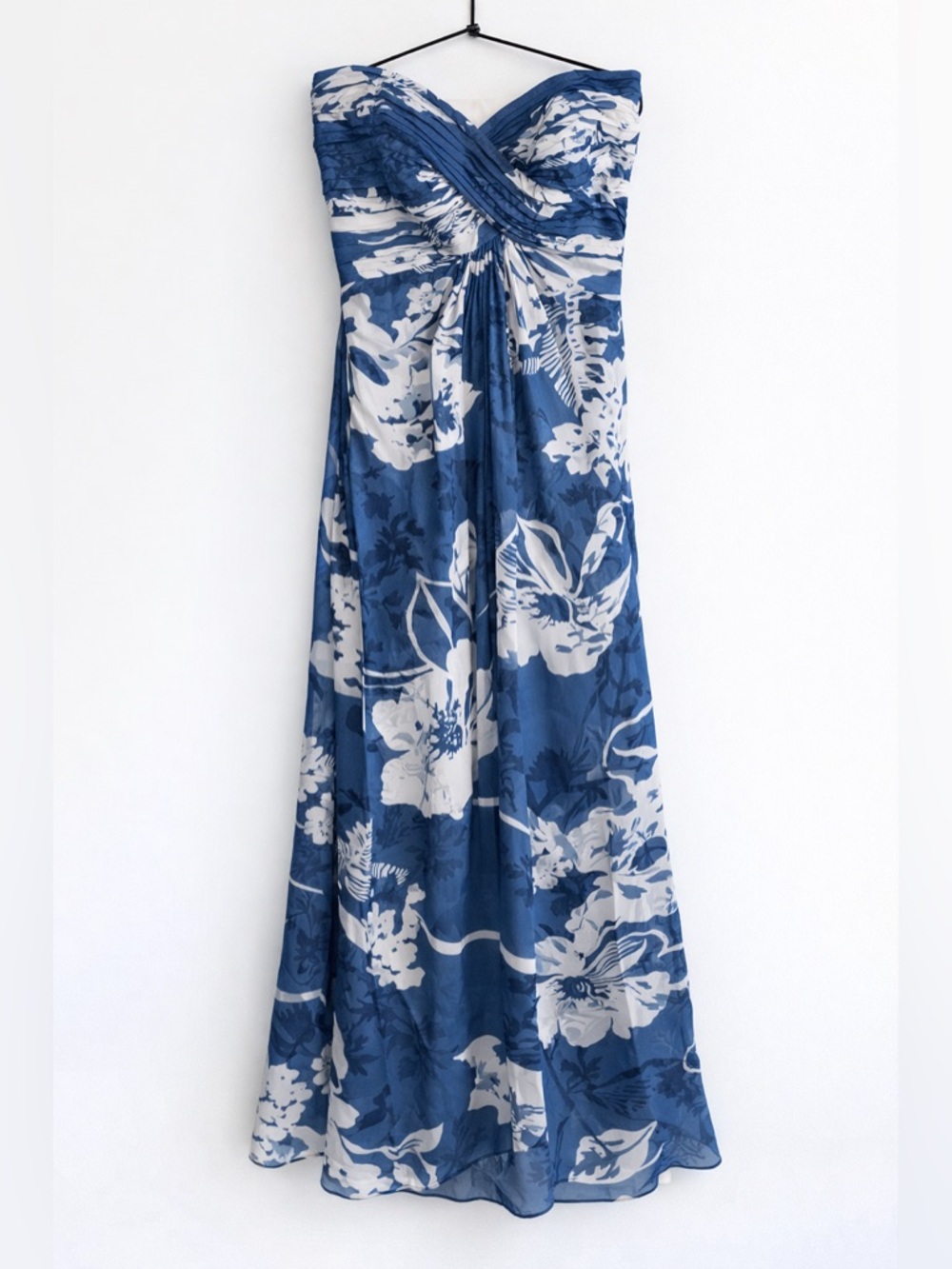 Tadashi Shoji Silk Strapless Floral Midi Dress Blue Pleated Formal 4 - Picture 3 of 13